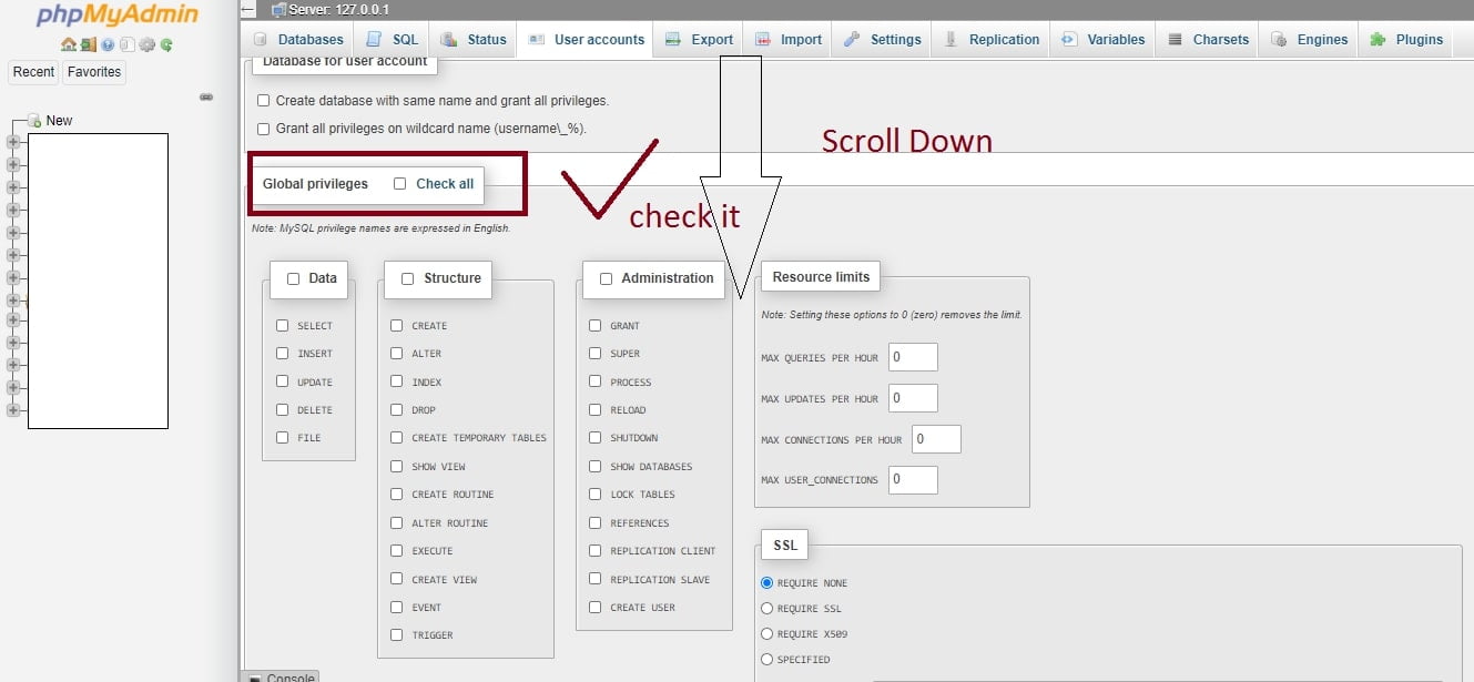 How to create a new user in PHPMyAdmin | Codesnipeet